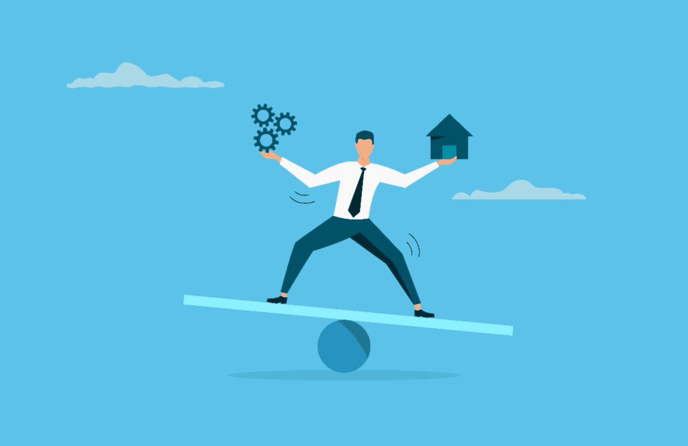 A flat-style illustration of a businessman in a white shirt and tie, balancing on a seesaw over a fulcrum ball, holding gears in one hand and a house in the other — representing the challenge of balancing business operations with personal life.