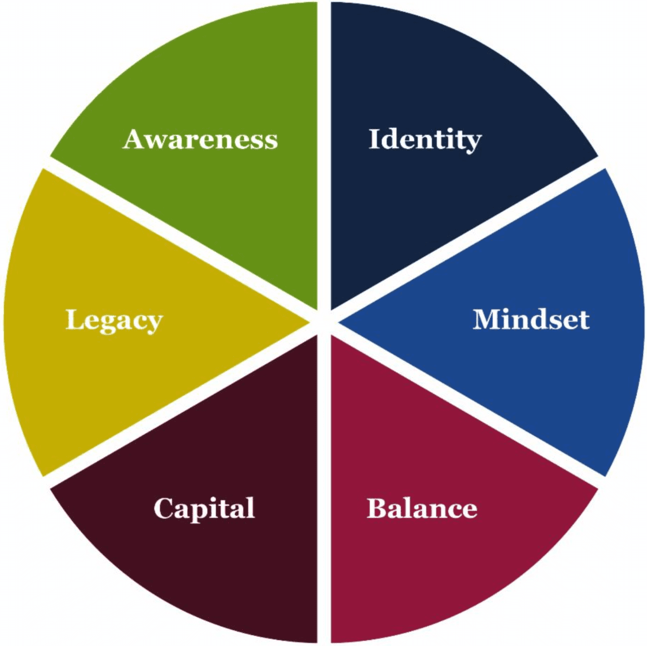 A color-coded pie chart divided into six equal segments representing the six personal readiness indicators of the Beyond Soaring Index: Identity, Mindset, Balance, Capital, Legacy, and Awareness.